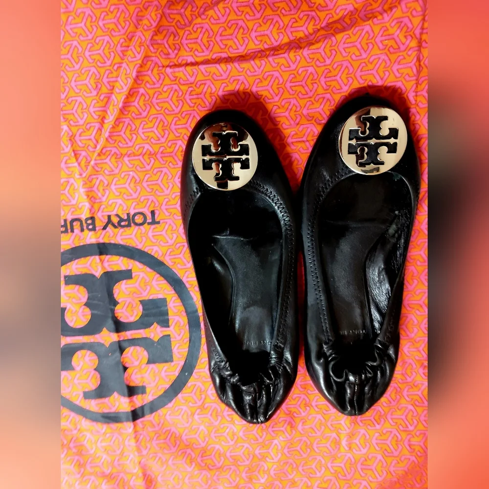 Tory Burch Designer Black Reva Leather Flats 6.5